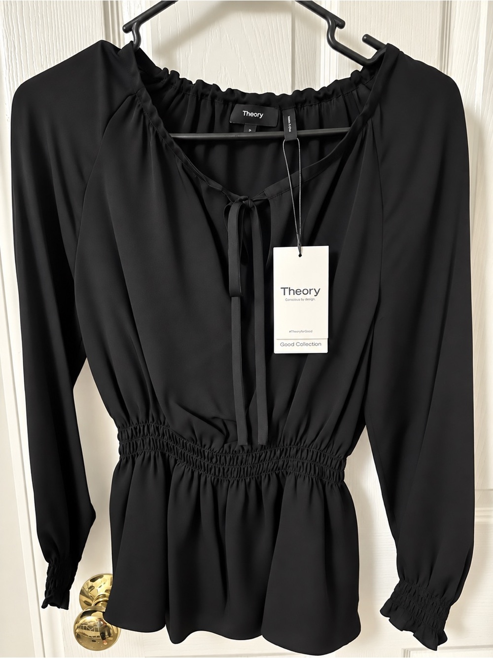 NWT Theory 100% Silk Black Smocked Peplum Blouse – Size P